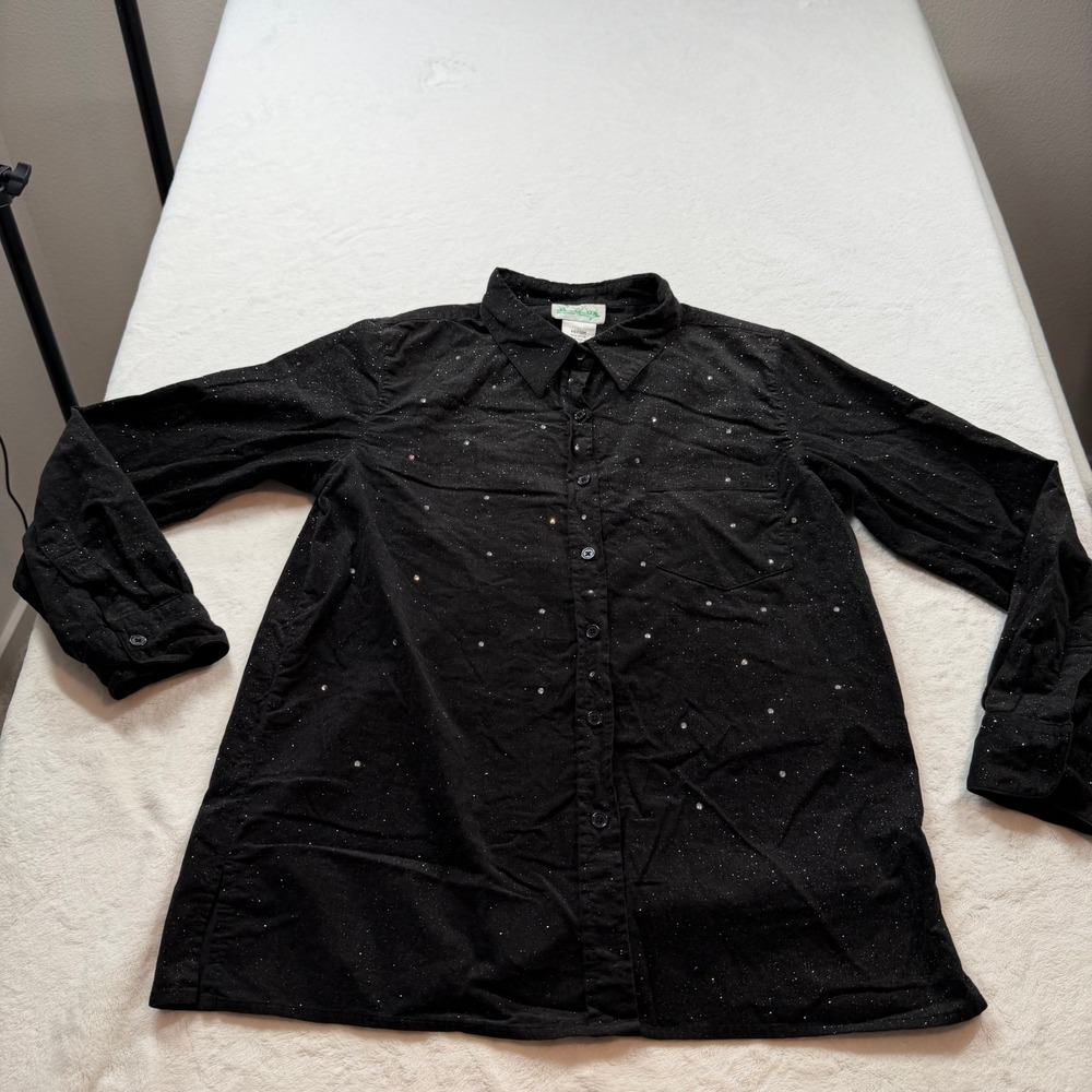 The Quacker Factory Button Down Shirt Women Medium Black Good Rhinestone Glitter